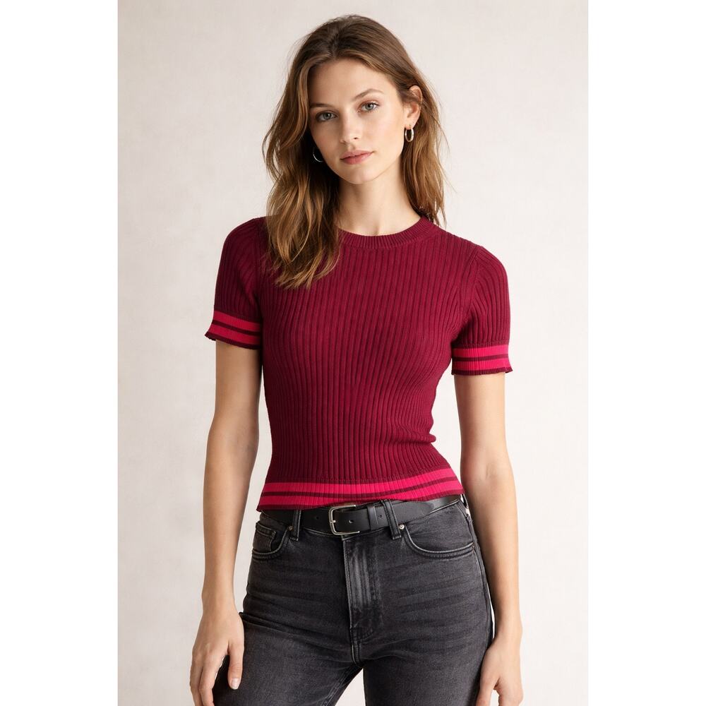 Rag & Bone Ribbed Short Sleeve Knit Top – Burgundy | XS